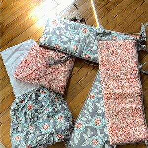 Floral Kids Bedding Set - Gray and Coral